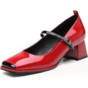 🆕 Red Women's Mary Jane Pumps, Low Block Heel, Square Toe, Adjustable Strap